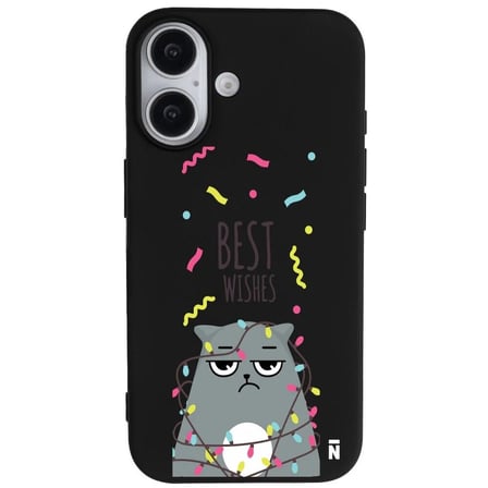iPhone 16 Plus Siyah Lansman Renkli Silikon Best Wishes Kedi Tasarımlı Kılıf