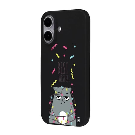 iPhone 16 Plus Siyah Lansman Renkli Silikon Best Wishes Kedi Tasarımlı Kılıf