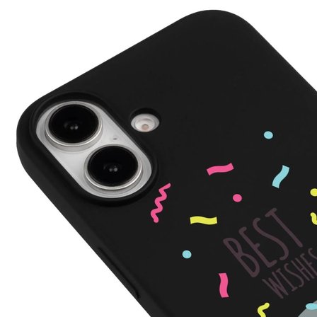 iPhone 16 Plus Siyah Lansman Renkli Silikon Best Wishes Kedi Tasarımlı Kılıf