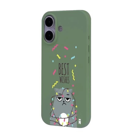 iPhone 16 Plus Yeşil Lansman Renkli Silikon Best Wishes Kedi Tasarımlı Kılıf