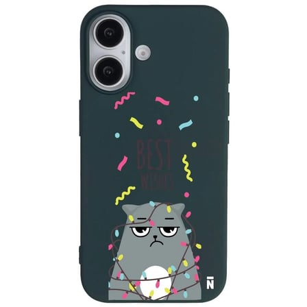 iPhone 16 Plus Haki Lansman Renkli Silikon Best Wishes Kedi Tasarımlı Kılıf