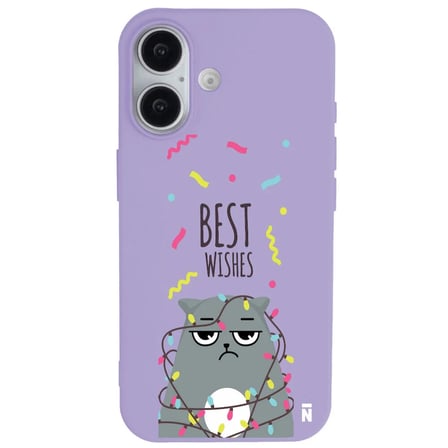 iPhone 16 Plus Lila Lansman Renkli Silikon Best Wishes Kedi Tasarımlı Kılıf