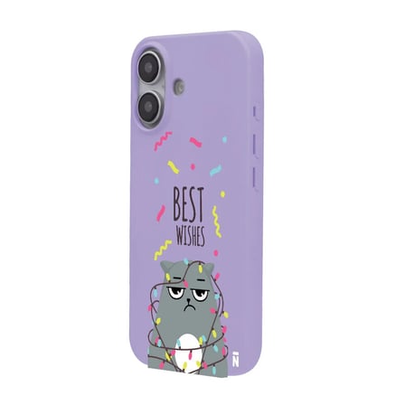 iPhone 16 Plus Lila Lansman Renkli Silikon Best Wishes Kedi Tasarımlı Kılıf