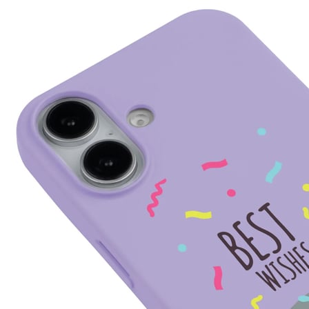 iPhone 16 Plus Lila Lansman Renkli Silikon Best Wishes Kedi Tasarımlı Kılıf