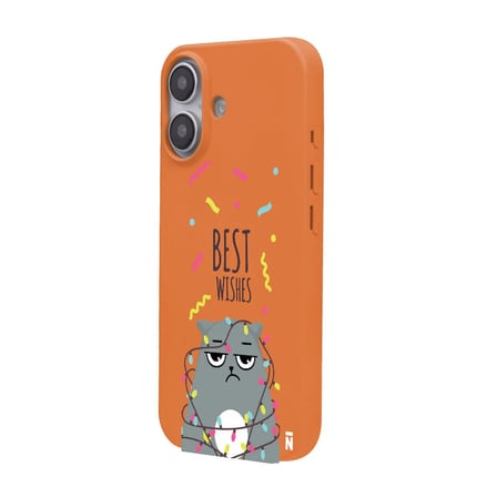 iPhone 16 Plus Turuncu Lansman Renkli Silikon Best Wishes Kedi Tasarımlı Kılıf