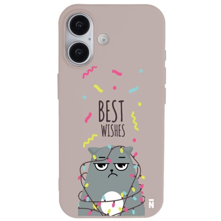 iPhone 16 Plus Pudra Lansman Renkli Silikon Best Wishes Kedi Tasarımlı Kılıf