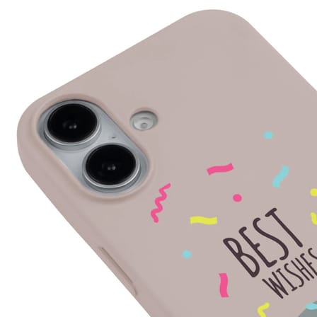 iPhone 16 Plus Pudra Lansman Renkli Silikon Best Wishes Kedi Tasarımlı Kılıf