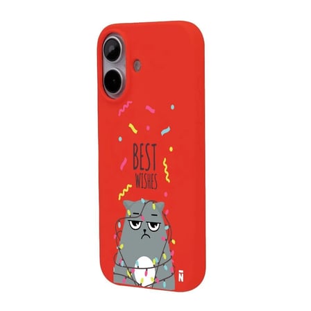 iPhone 16 Plus Kırmızı Lansman Renkli Silikon Best Wishes Kedi Tasarımlı Kılıf