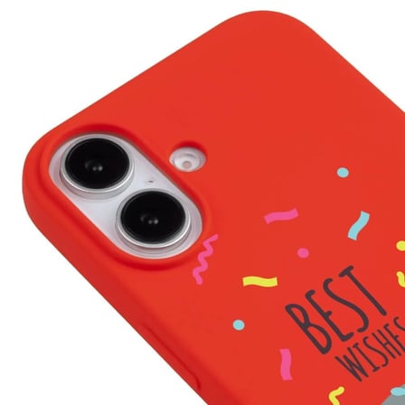 iPhone 16 Plus Kırmızı Lansman Renkli Silikon Best Wishes Kedi Tasarımlı Kılıf