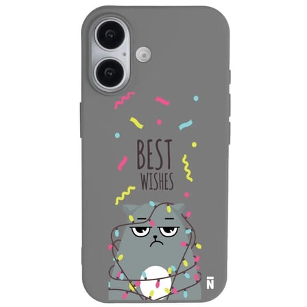 iPhone 16 Gri Lansman Renkli Silikon Best Wishes Kedi Tasarımlı Kılıf