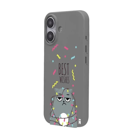 iPhone 16 Gri Lansman Renkli Silikon Best Wishes Kedi Tasarımlı Kılıf