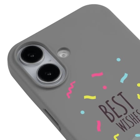 iPhone 16 Gri Lansman Renkli Silikon Best Wishes Kedi Tasarımlı Kılıf