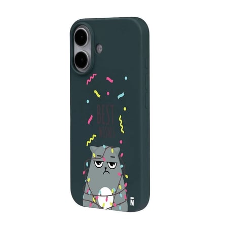 iPhone 16 Haki Lansman Renkli Silikon Best Wishes Kedi Tasarımlı Kılıf