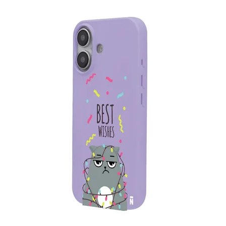 iPhone 16 Lila Lansman Renkli Silikon Best Wishes Kedi Tasarımlı Kılıf