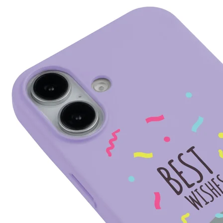iPhone 16 Lila Lansman Renkli Silikon Best Wishes Kedi Tasarımlı Kılıf