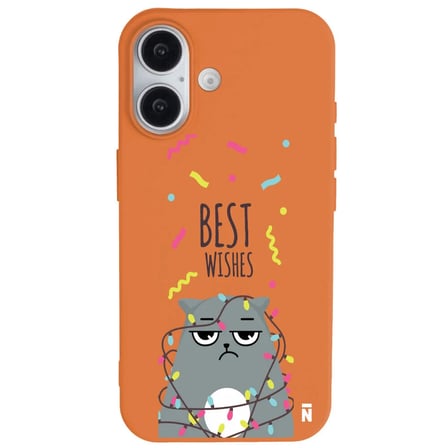 iPhone 16 Turuncu Lansman Renkli Silikon Best Wishes Kedi Tasarımlı Kılıf
