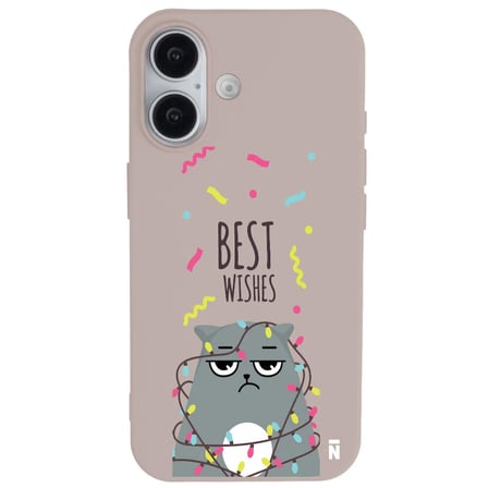 iPhone 16 Pudra Lansman Renkli Silikon Best Wishes Kedi Tasarımlı Kılıf