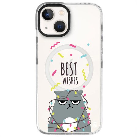 iPhone 15 Yanları Beyaz Magsafe Arty Şeffaf Best Wishes Kedi Tasarımlı Premium Kılıf