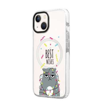 iPhone 15 Yanları Beyaz Magsafe Arty Şeffaf Best Wishes Kedi Tasarımlı Premium Kılıf