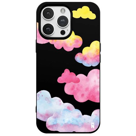 iPhone 13 Pro Max Siyah Lansman Renkli Silikon Colorful Bulut Tasarımlı Kılıf