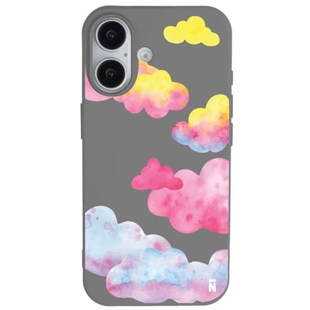 iPhone 16 Gri Lansman Renkli Silikon Colorful Bulut Tasarımlı Kılıf