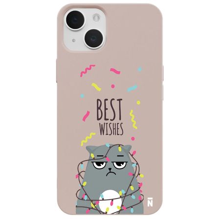 iPhone 15 Pudra Lansman Renkli Silikon Best Wishes Kedi Tasarımlı Kamera Korumalı Telefon Kılıf
