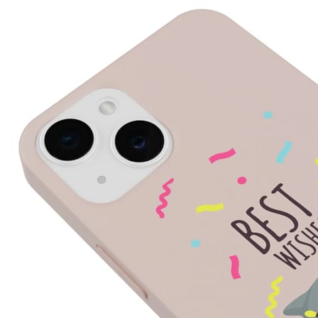 iPhone 15 Pudra Lansman Renkli Silikon Best Wishes Kedi Tasarımlı Kamera Korumalı Telefon Kılıf