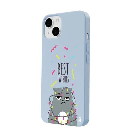 iPhone 14 Mavi Lansman Renkli Silikon Best Wishes Kedi Tasarımlı Kamera Korumalı Telefon Kılıf