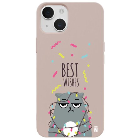 iPhone 14 Pudra Lansman Renkli Silikon Best Wishes Kedi Tasarımlı Kamera Korumalı Telefon Kılıf