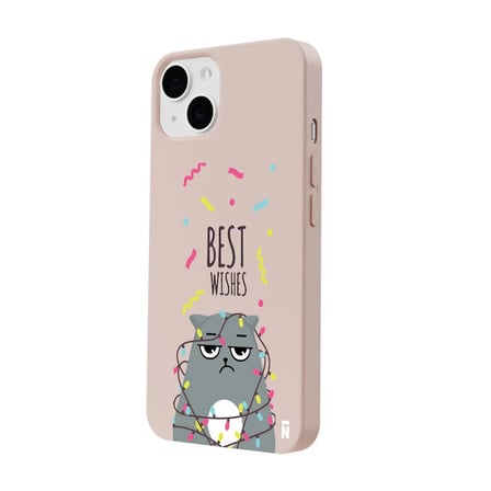 iPhone 14 Pudra Lansman Renkli Silikon Best Wishes Kedi Tasarımlı Kamera Korumalı Telefon Kılıf