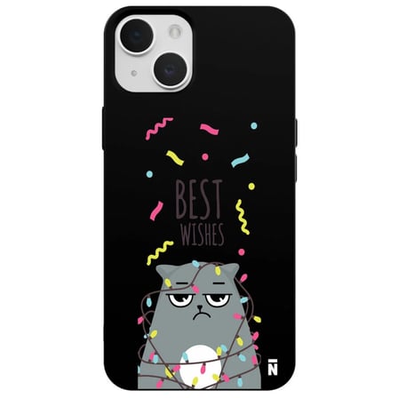 iPhone 13 Siyah Lansman Renkli Silikon Best Wishes Kedi Tasarımlı Kamera Korumalı Telefon Kılıf