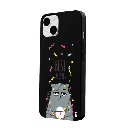 iPhone 13 Siyah Lansman Renkli Silikon Best Wishes Kedi Tasarımlı Kamera Korumalı Telefon Kılıf