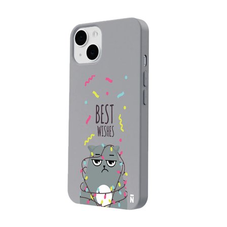 iPhone 13 Gri Lansman Renkli Silikon Best Wishes Kedi Tasarımlı Kamera Korumalı Telefon Kılıf