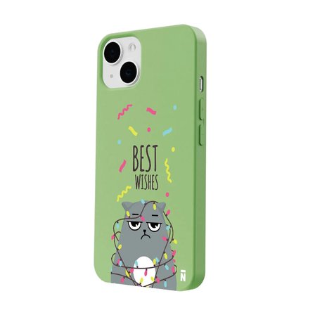 iPhone 13 Yeşil Lansman Renkli Silikon Best Wishes Kedi Tasarımlı Kamera Korumalı Telefon Kılıf