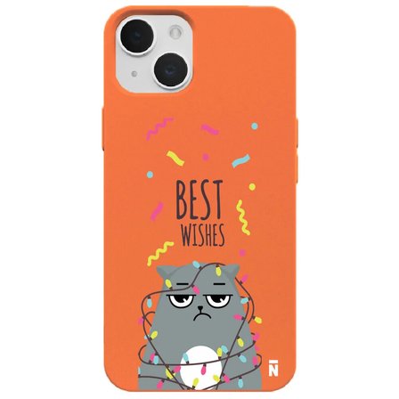 iPhone 13 Turuncu Lansman Renkli Silikon Best Wishes Kedi Tasarımlı Kamera Korumalı Telefon Kılıf
