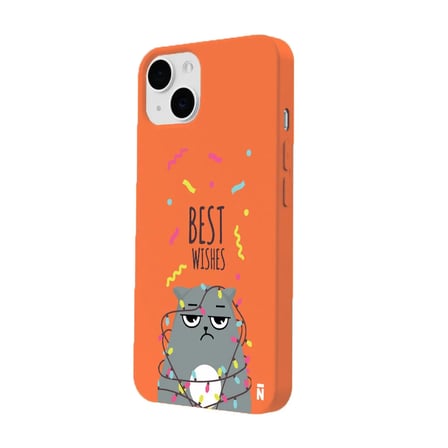 iPhone 13 Turuncu Lansman Renkli Silikon Best Wishes Kedi Tasarımlı Kamera Korumalı Telefon Kılıf