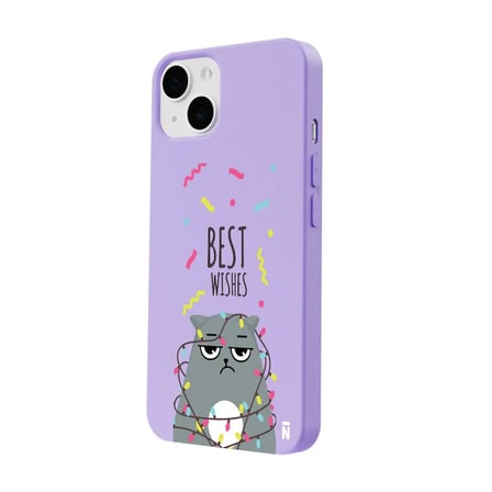 iPhone 12 Lila Lansman Renkli Silikon Best Wishes Kedi Tasarımlı Kamera Korumalı Telefon Kılıf