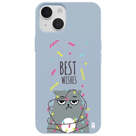 iPhone 15 Plus Mavi Lansman Renkli Silikon Best Wishes Kedi Tasarımlı Kamera Korumalı Telefon Kılıf