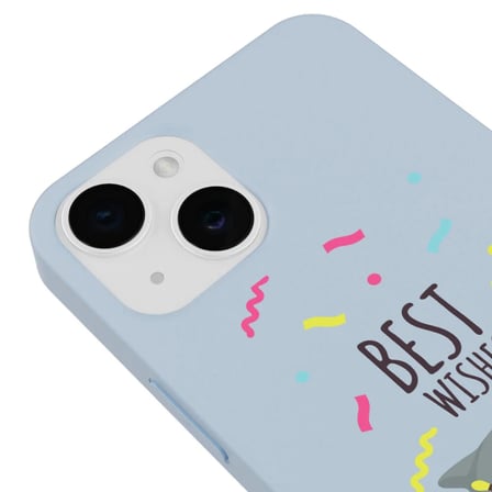 iPhone 15 Plus Mavi Lansman Renkli Silikon Best Wishes Kedi Tasarımlı Kamera Korumalı Telefon Kılıf