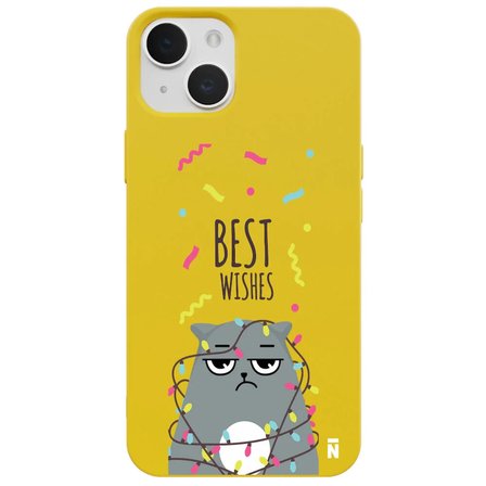 iPhone 15 Plus Sarı Lansman Renkli Silikon Best Wishes Kedi Tasarımlı Kamera Korumalı Telefon Kılıf
