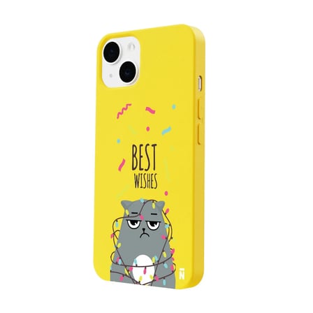 iPhone 15 Plus Sarı Lansman Renkli Silikon Best Wishes Kedi Tasarımlı Kamera Korumalı Telefon Kılıf