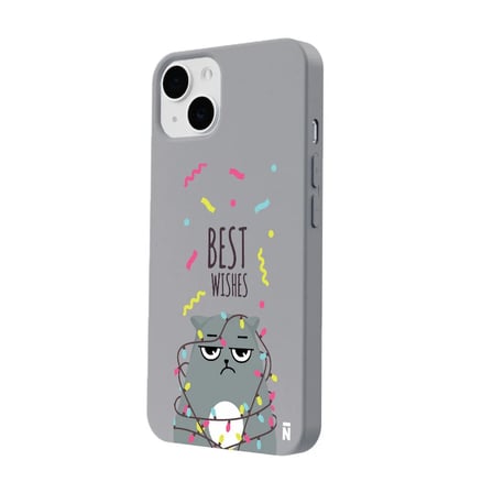 iPhone 14 Plus Gri Lansman Renkli Silikon Best Wishes Kedi Tasarımlı Kamera Korumalı Telefon Kılıf