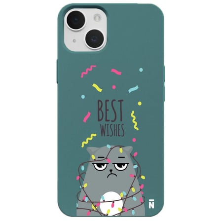 iPhone 14 Plus Haki Lansman Renkli Silikon Best Wishes Kedi Tasarımlı Kamera Korumalı Telefon Kılıf
