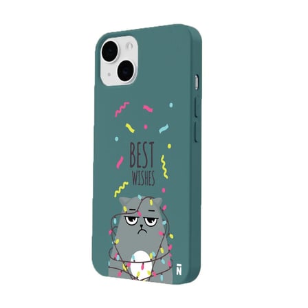 iPhone 14 Plus Haki Lansman Renkli Silikon Best Wishes Kedi Tasarımlı Kamera Korumalı Telefon Kılıf