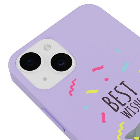 iPhone 14 Plus Lila Lansman Renkli Silikon Best Wishes Kedi Tasarımlı Kamera Korumalı Telefon Kılıf