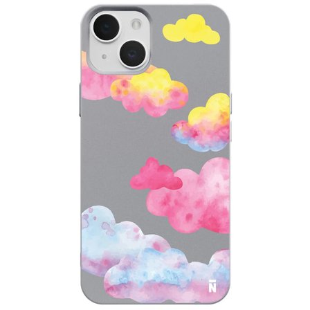 iPhone 15 Gri Lansman Renkli Silikon Colorful Bulut Tasarımlı Kamera Korumalı Telefon Kılıf