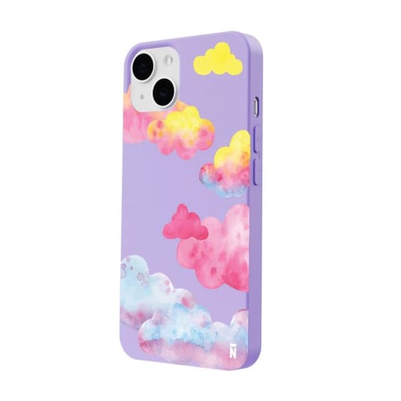 iPhone 15 Lila Lansman Renkli Silikon Colorful Bulut Tasarımlı Kamera Korumalı Telefon Kılıf