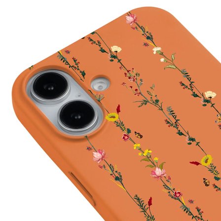 iPhone 16 Plus Turuncu Lansman Renkli Silikon Floral Stripes Tasarımlı Premium Kılıf