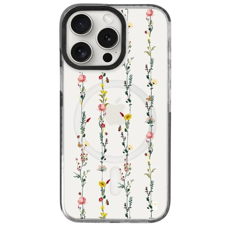 iPhone 14 Pro Yanları Siyah Magsafe Arty Şeffaf Floral Stripes Tasarımlı Premium Kılıf