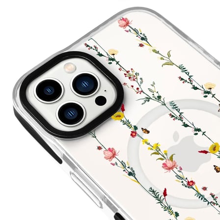 iPhone 14 Pro Yanları Siyah Magsafe Arty Şeffaf Floral Stripes Tasarımlı Premium Kılıf